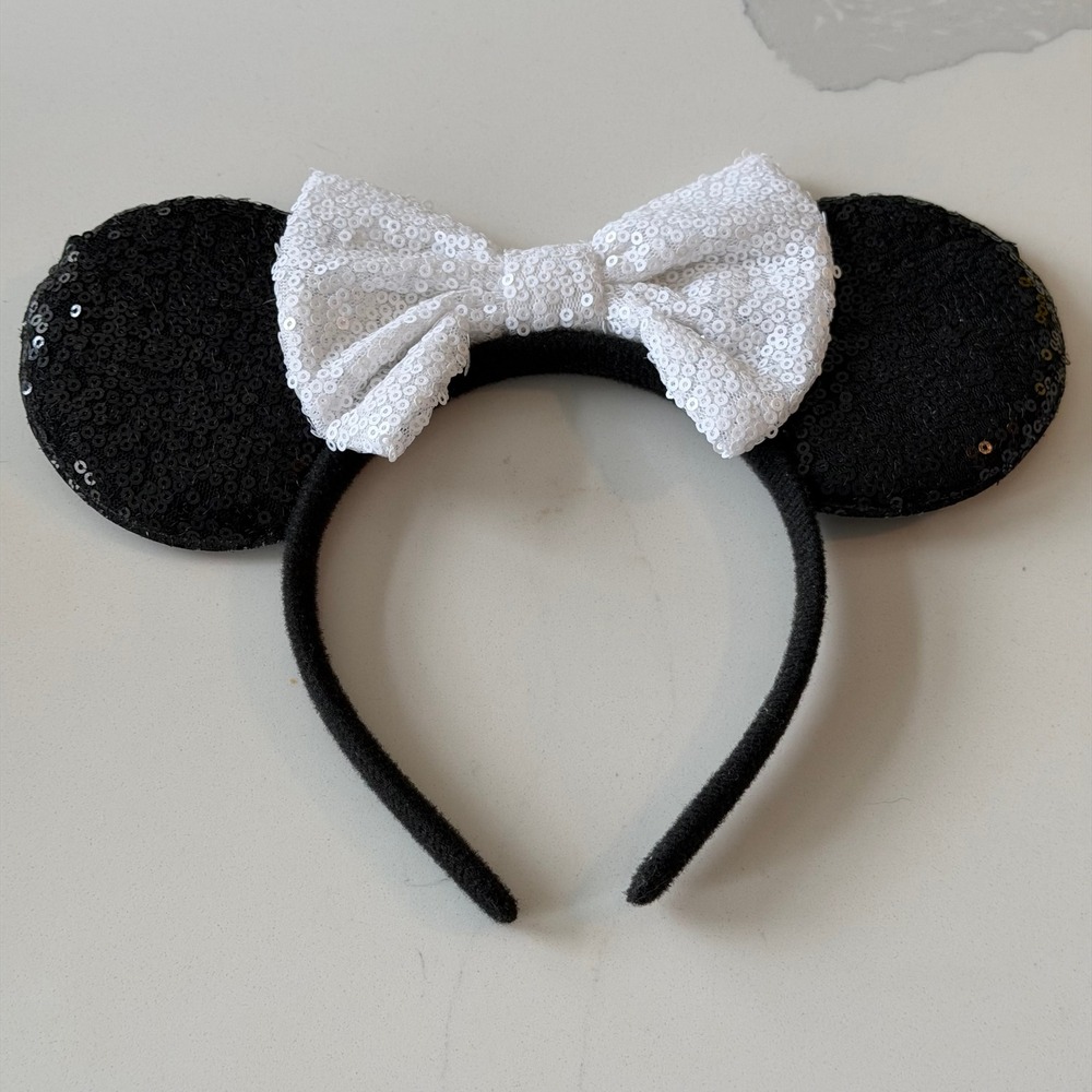 Black Sequin Mouse Ears Headband with White Sequin Bow Disney Style Costume